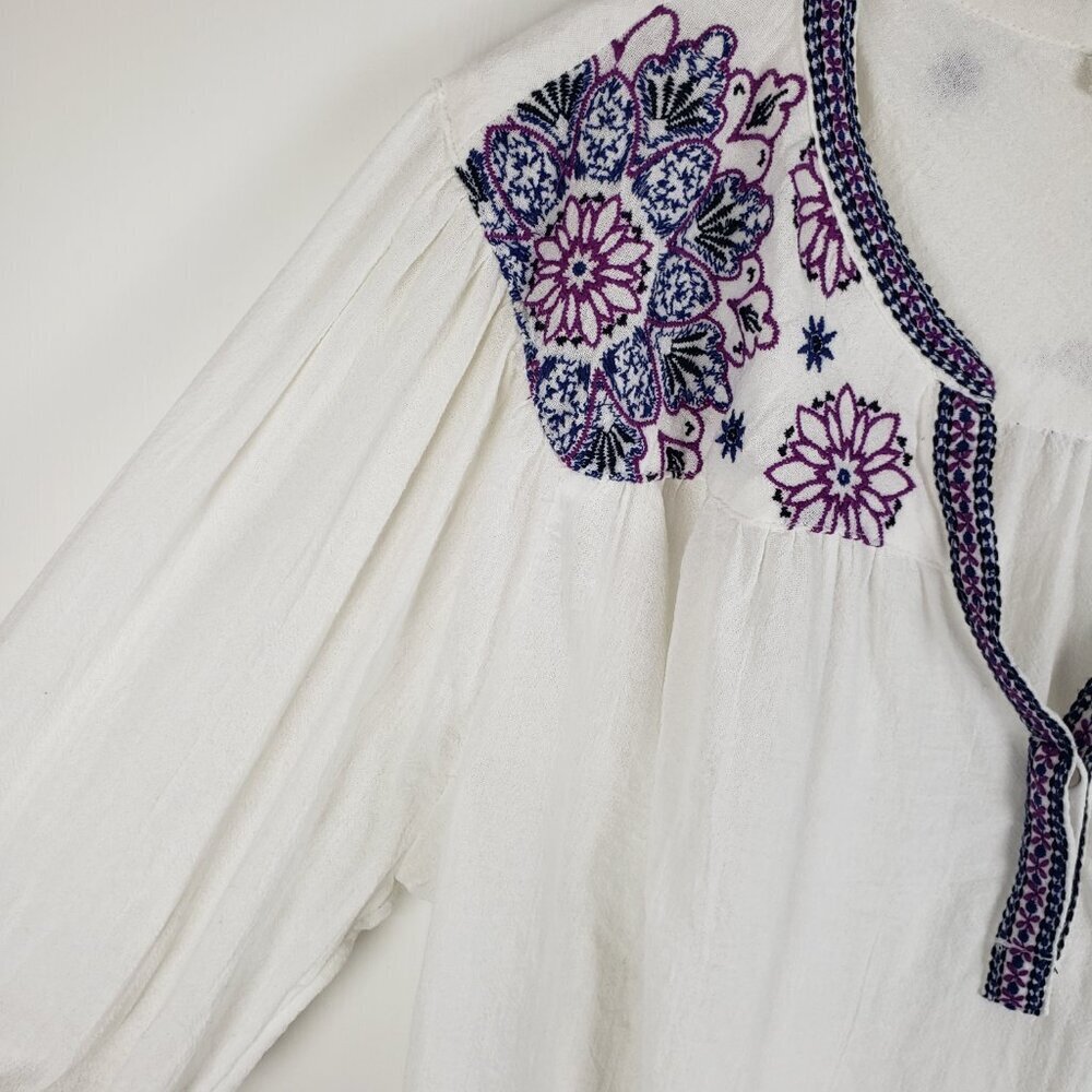 FatFace Embroidered Boho Peasant Top White Purple Floral Long Sleeve Womens 14 - Picture 5 of 10